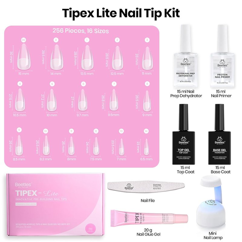 Beetles Nail Tips Kit - Medium Stiletto Full Cover Clear Nails | 256PCS with Dehydrator & Primer, Mini UV Lamp, 20g Glue