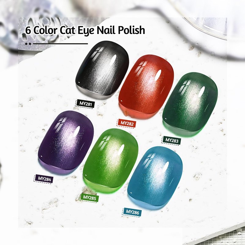 OpenLive 6 Colors 10ml Luminous Cat Eye Nail Polish with Magnet Stick Quick Dry Nail Polish for Nail Art DIY Home Manicure Gift for Women