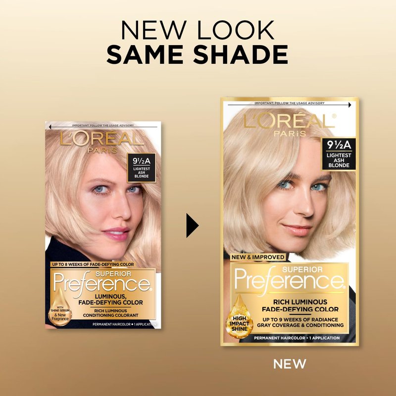 L'Oreal Paris Superior Preference Luminous Fade-Defying Permanent Hair Color, Hair Dye For Up to 9 Weeks of Radiance, Lightest Ash Blonde 9.5A, 1 Hair Dye Kit
