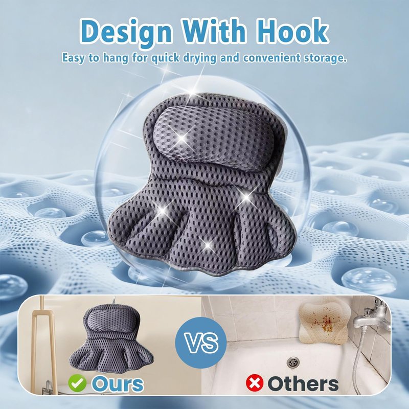 Luxury Bathtub Pillow, 4D Breathable Mesh Soft Bath Pillow with 6 Non-Slip Suction Cups, Ergonomic Head Neck and Back Support Bath Cushion, Comfortable Home SPA Bath Accessory, Ideal Gift for Women