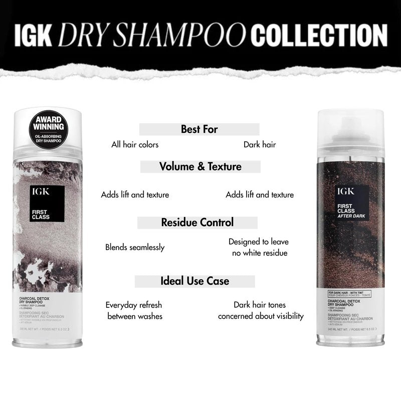 IGK First Class After Dark Charcoal Detox Dry Shampoo for Dark & Brunette Hair | Brown Tint No White Residue Spray Adds Volume + Texture | Oil Absorbing & Odor Eliminating Formula | 6.5oz