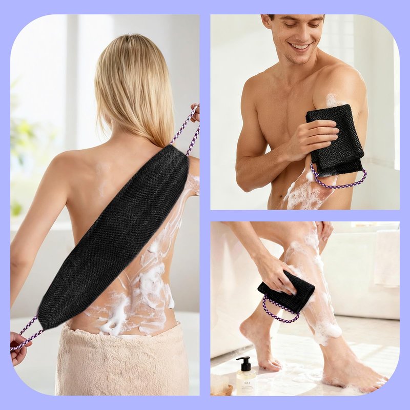 Manmihealth Soft Silicone Body Scruuber & African Bath Sponge Net Set, Gentle-Cleansing Shower Brush & Exfoliating Mesh Combination, Lathering Well Africa Wash Net Shower Scrubber (Black)