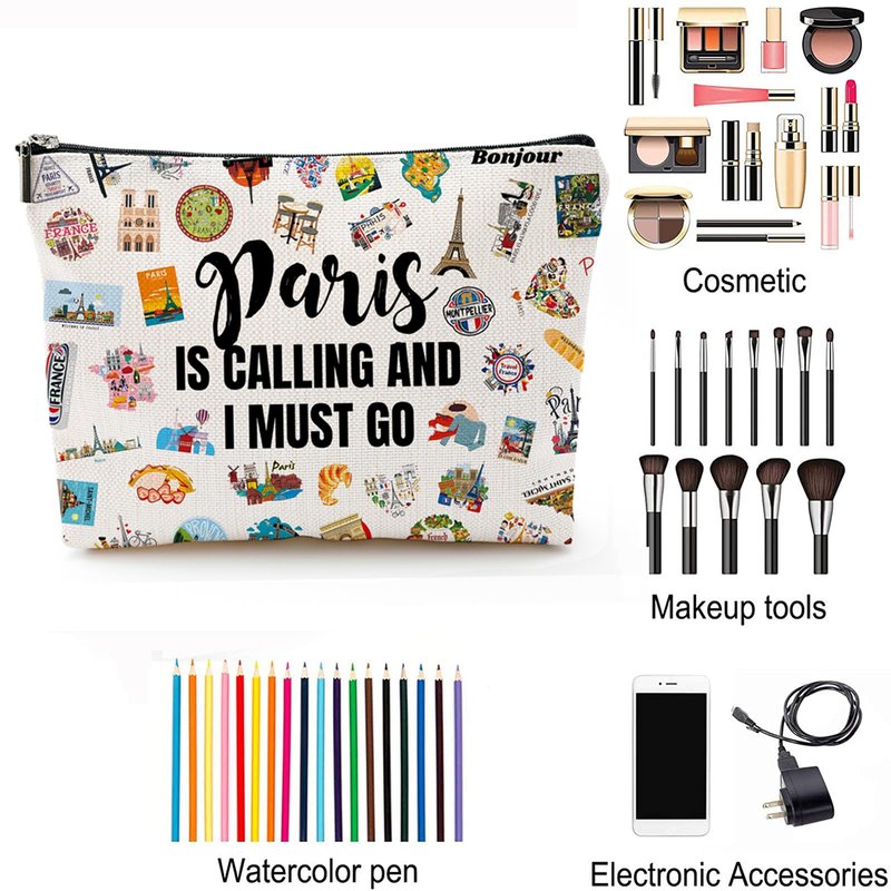 Paris Travel Cosmetic Bag - Paris City Skyline Themed Gifts for Women, Friends, Sister, Bachelorette Party Favors, Girls Trip