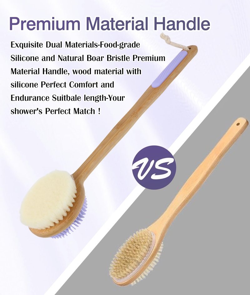 EaTubano Back Scrubber for Shower - Double-Sided Silicone and Super-Dense Bristles for Deep Cleaning & Exfoliation, Bamboo Long Handle with Wider Anti-Slip Grip, Rich Foam, Durable (Purple)