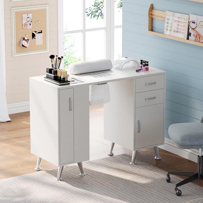 Professional Manicure Table Nail Desk Station with Dust Collector, 2 Drawers, Wrist Rest, Storage Cabinet, Vertical Pull-Out & 4 Shelves for Beauty Salon Spa Workstation