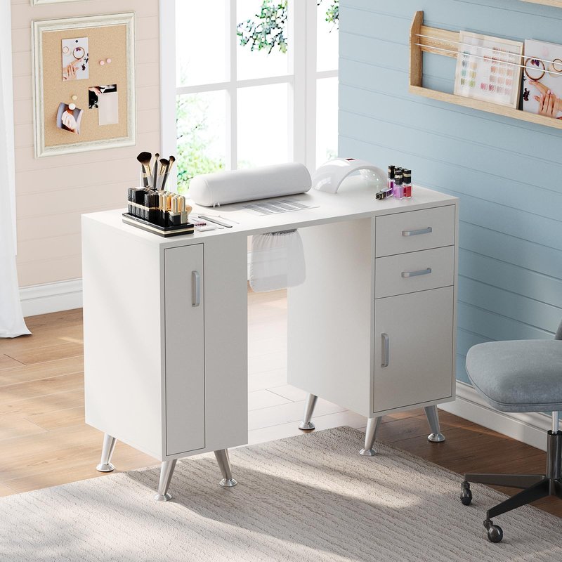 GarveeLife Professional Manicure Table with Dust Collector & Wrist Rest, Vertical Pull-Out Locker Nail Desk with 2 Drawers & 1 Cabinet, Nail Table Salon Station for Home Beauty Center, White
