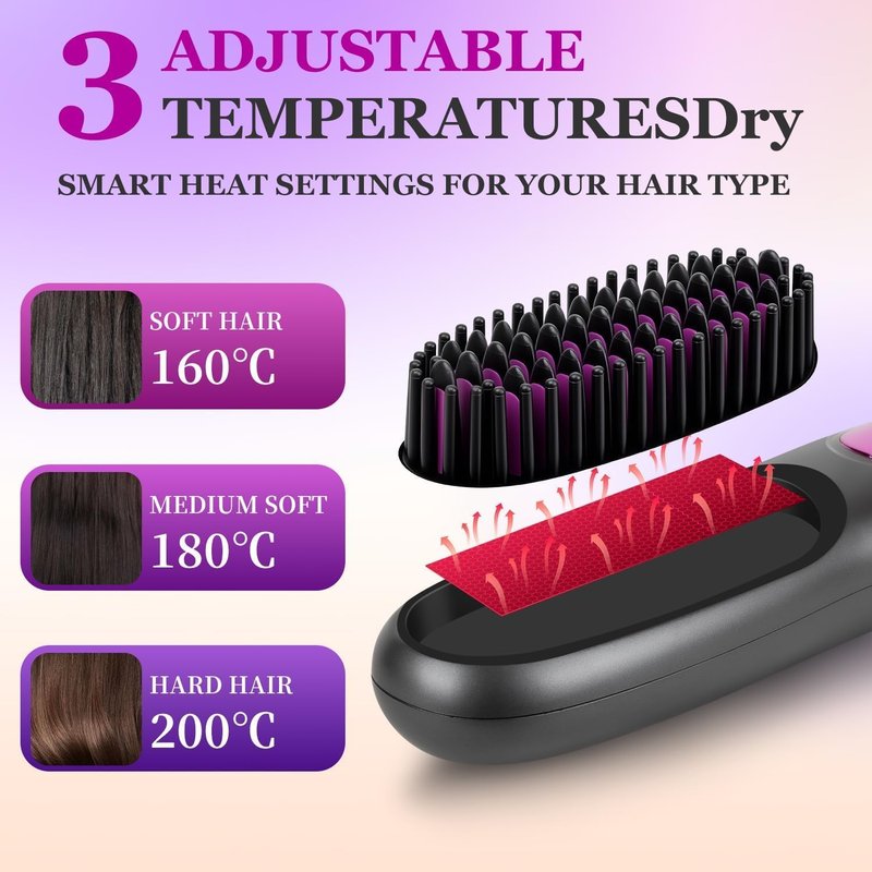 Go Brush Pro,2026 New Cordless Straight Hair Brush, Portable Scald-Proof mini Straight Hair Comb with Three Temperature Settings and LED Display Screen, Quickly Heating Travel Hair Brush (Dark Pink)