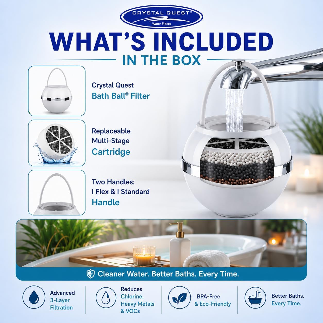 Crystal Quest Bath Ball Filter for Tub Faucet, Bathtub Water Filter, BPA-Free Bathtub Filter, Removes Chlorine, Lead & Impurities, Improves Skin, Hair & Nails, Long Lasting, Fits Most Tubs - White