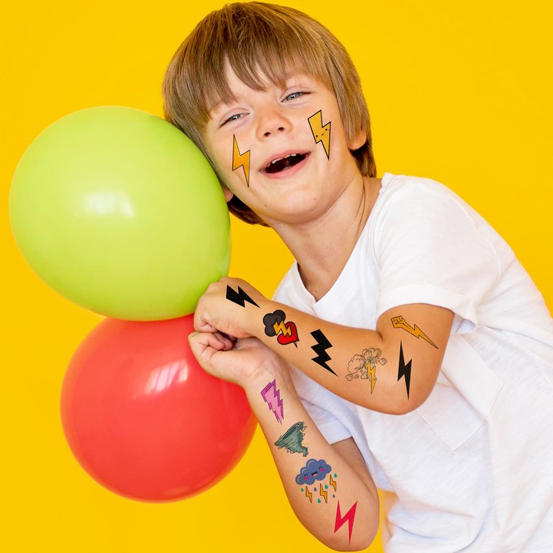 96PCS Lightning Bolt Temporary Tattoos for Kids, Pre-Cut Funny Weather Tattoo Stickers, Tornado Storm Theme Birthday Party Favors, Goodie Bag Stuffers, Cute Waterproof Body Art for Boys Girls