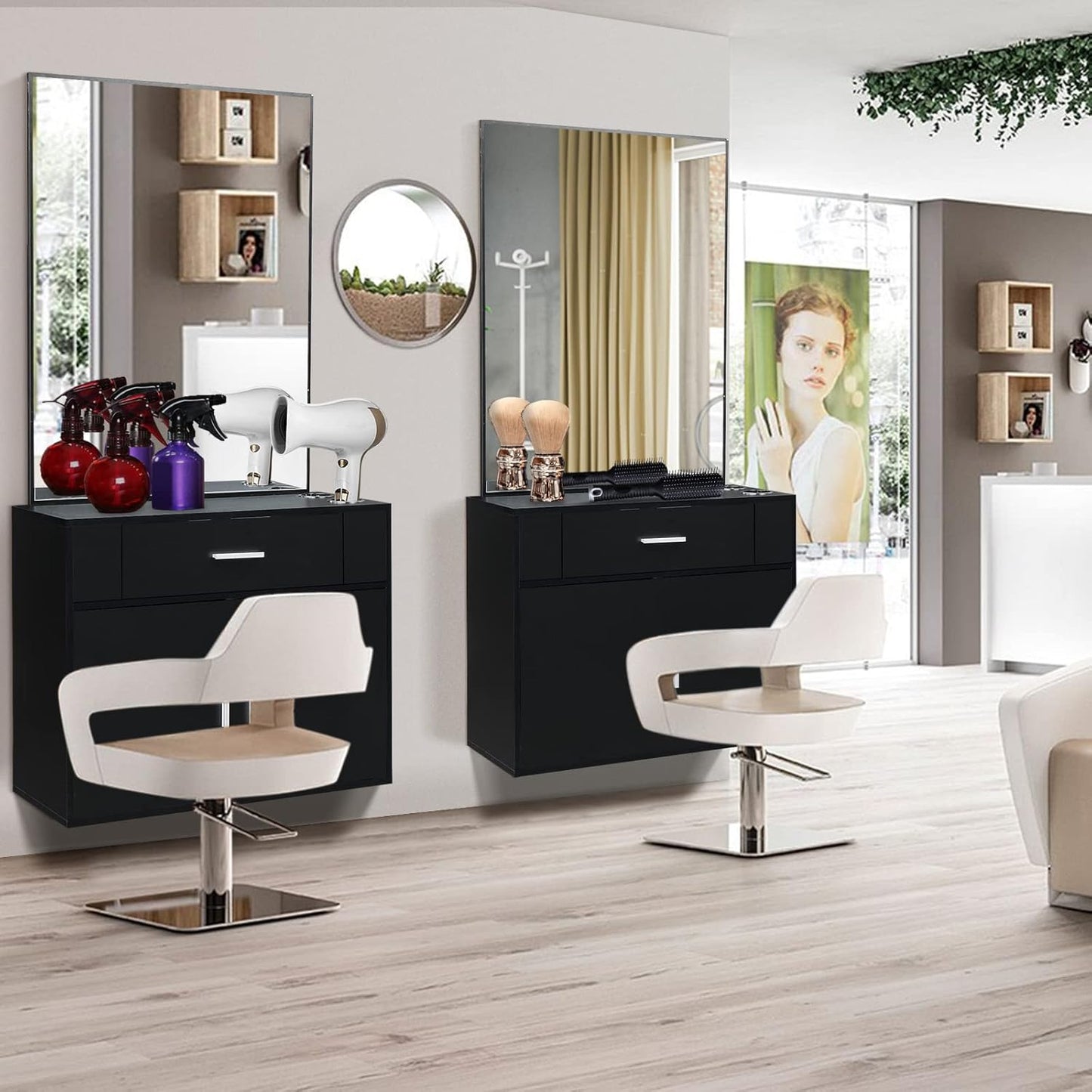 Wall Mount Salon Station - Stylish Barber Station with Mirror, Storage Cabinet & 2 Hair Dryer Holders | Black