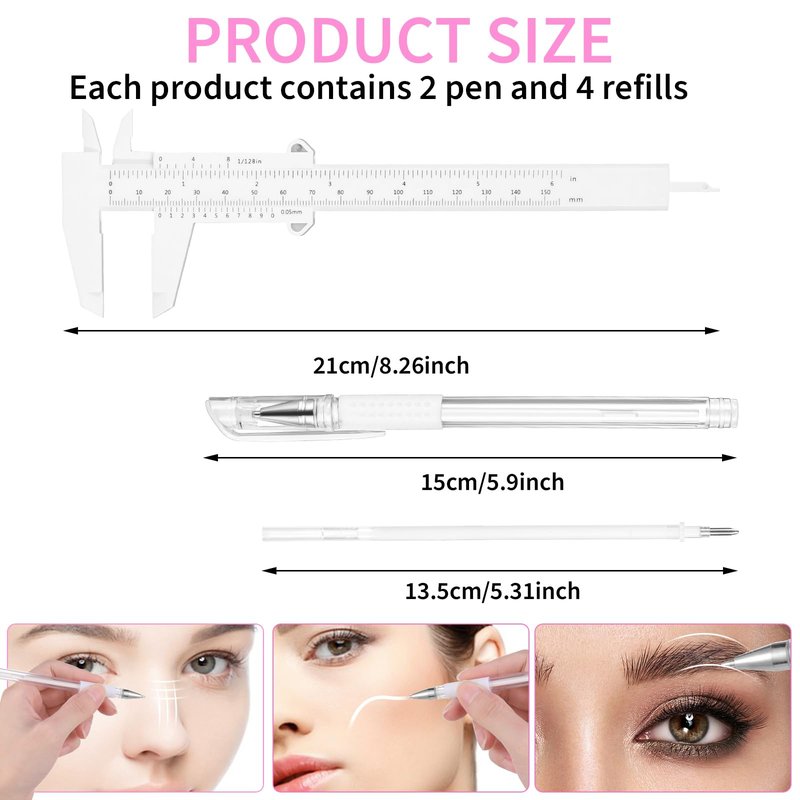 Eyebrow Microblading Marker Pen, 2 Pcs Brow Mapping Pens with with 4 Replacement Refills and 1 Ruler, Makeup Tattoo Skin Marker Pen, Brow Lamination Supplies for Eyebrow Lip Skin(White)