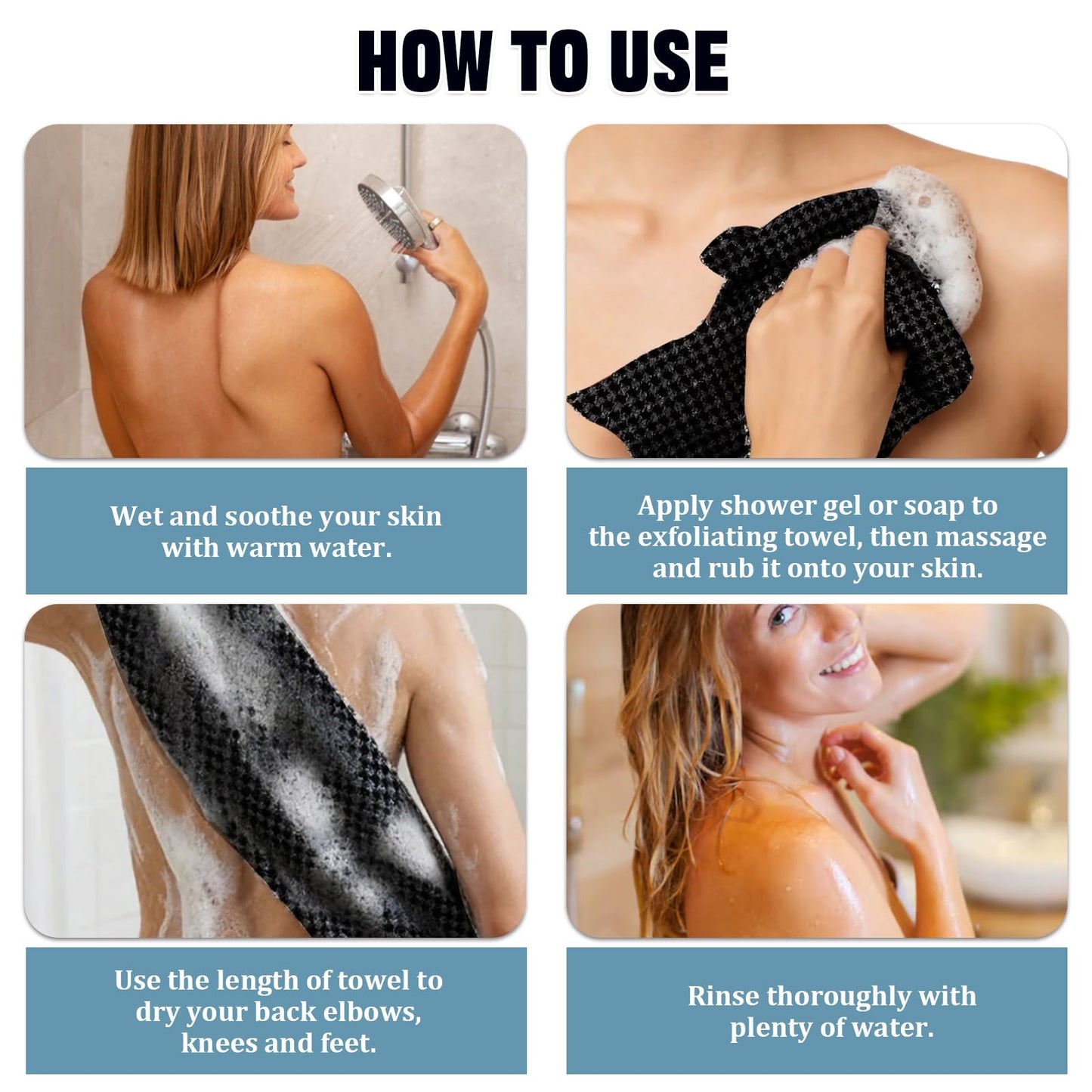 VHOUHOU 3 PCS Deep Exfoliating Shower Towels for Men & Women, Durable Exfoliating Towel, Premium Scrub Wash Cloth for Body Face, Comfortable Touch (Black, Blue, Pink)