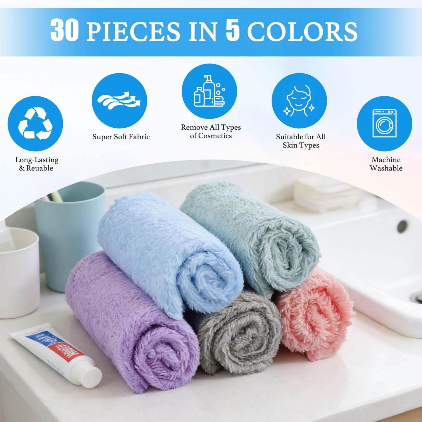 Vermiels Makeup Remover Cloths 30 Pack, Soft Premium Coral Velvet Facial Cleansing Towels 7x7 Inch, Microfiber Reusable Washcloths for Face, Eye, LipsTowels Facial Cleansing Cloths for Women