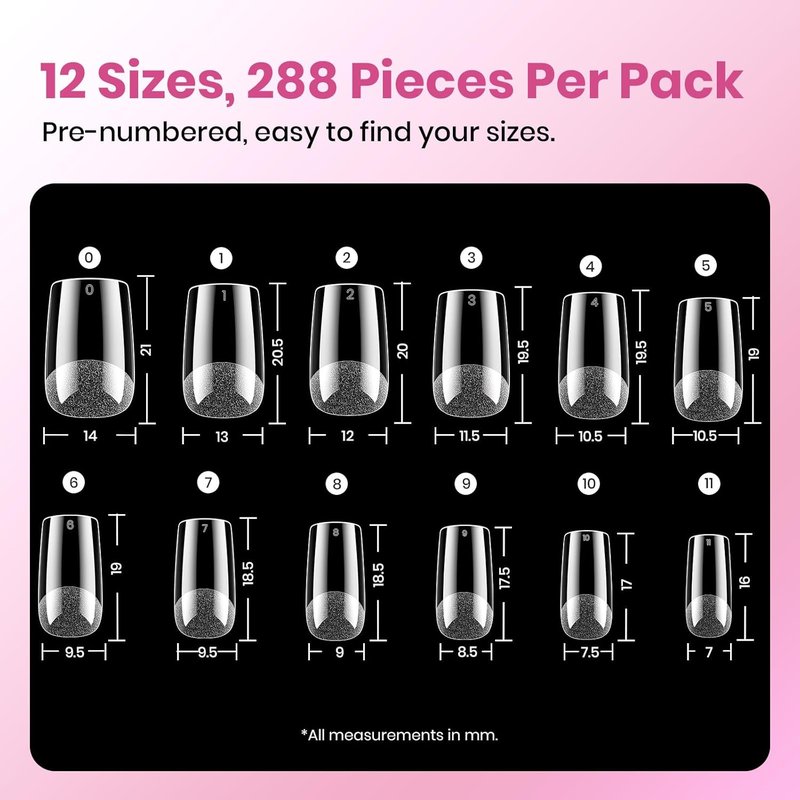 Beetles Gel Nail Kit - Etch-X Square Short Tips | 288pcs in 12 Sizes with Hema-Free Nail Glue Gel