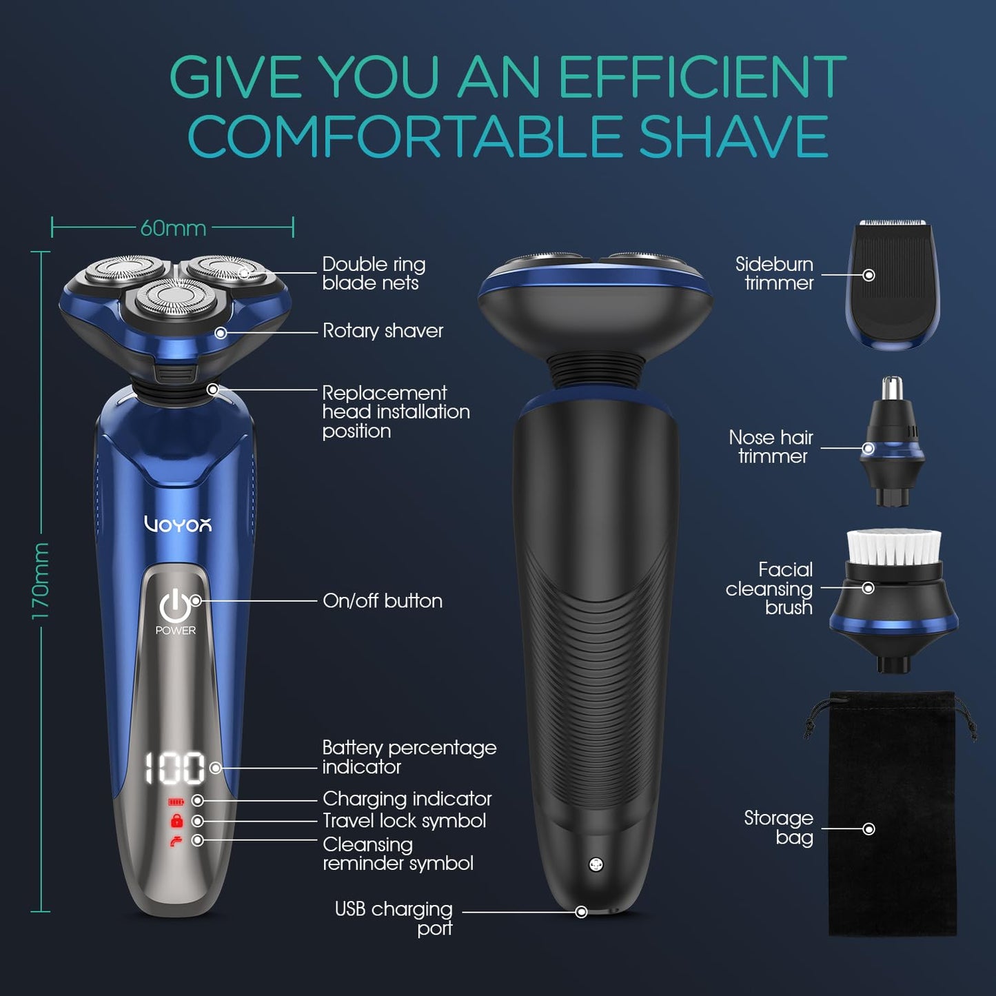 VOYOR Electric Razor for Men Cordless Shavers for Shaving with face sideburn Nose Ear Hair Rechargeable Wet Dry Waterproof TX410 New (New Version-Blue)