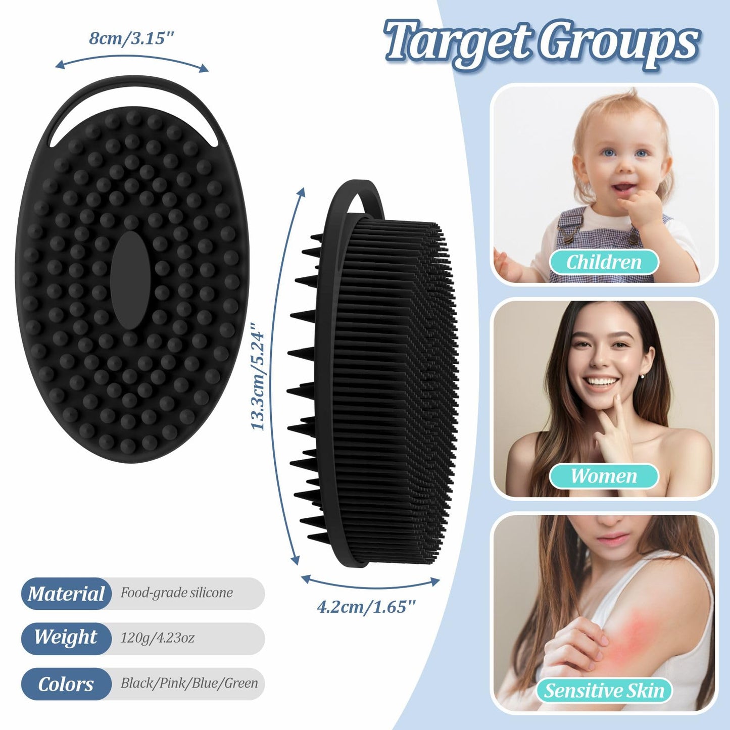GEENOA Soft Silicone Body Scrubber 2PCS, 2-in-1 Bath & Shampoo Brush with Dual-Side Usage, Hygienic Silicone Loofah Shower Scrubber for Gentle Exfoliating & Good Lathering(Blackx2)