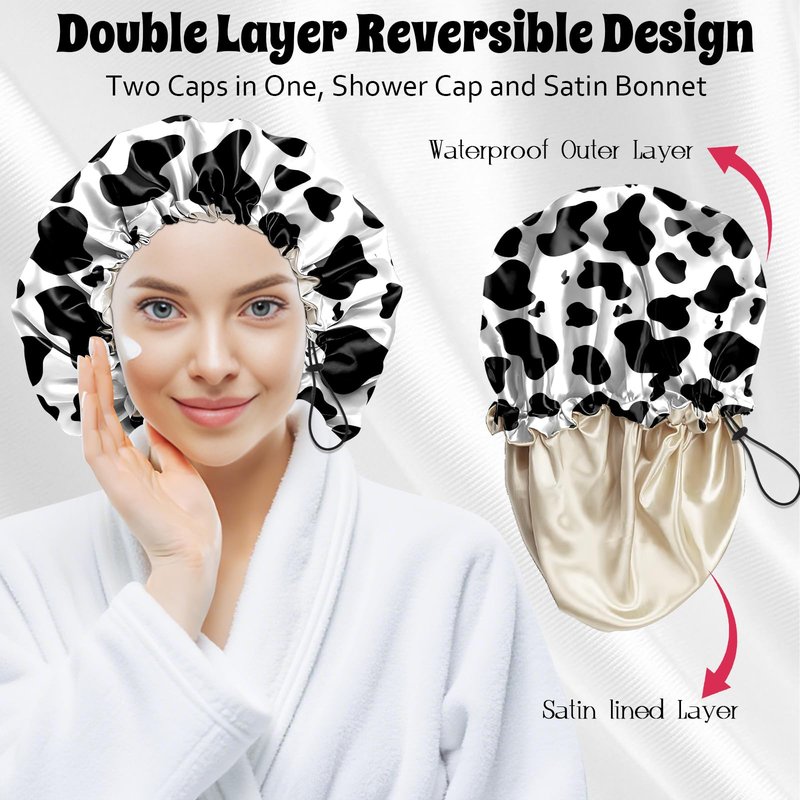 BHAHB Luxury Shower Cap Satin Lined Reusable Waterproof Double Layer Elastic Adjustable Hair Bath Cap Cute Aesthetic Women Girls-Cow Leopard