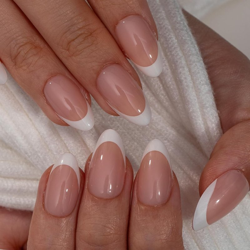 CurvLife Press On Nails - Medium Almond White French Tip | Reusable Soft Gel Glossy Manicure, 30pcs