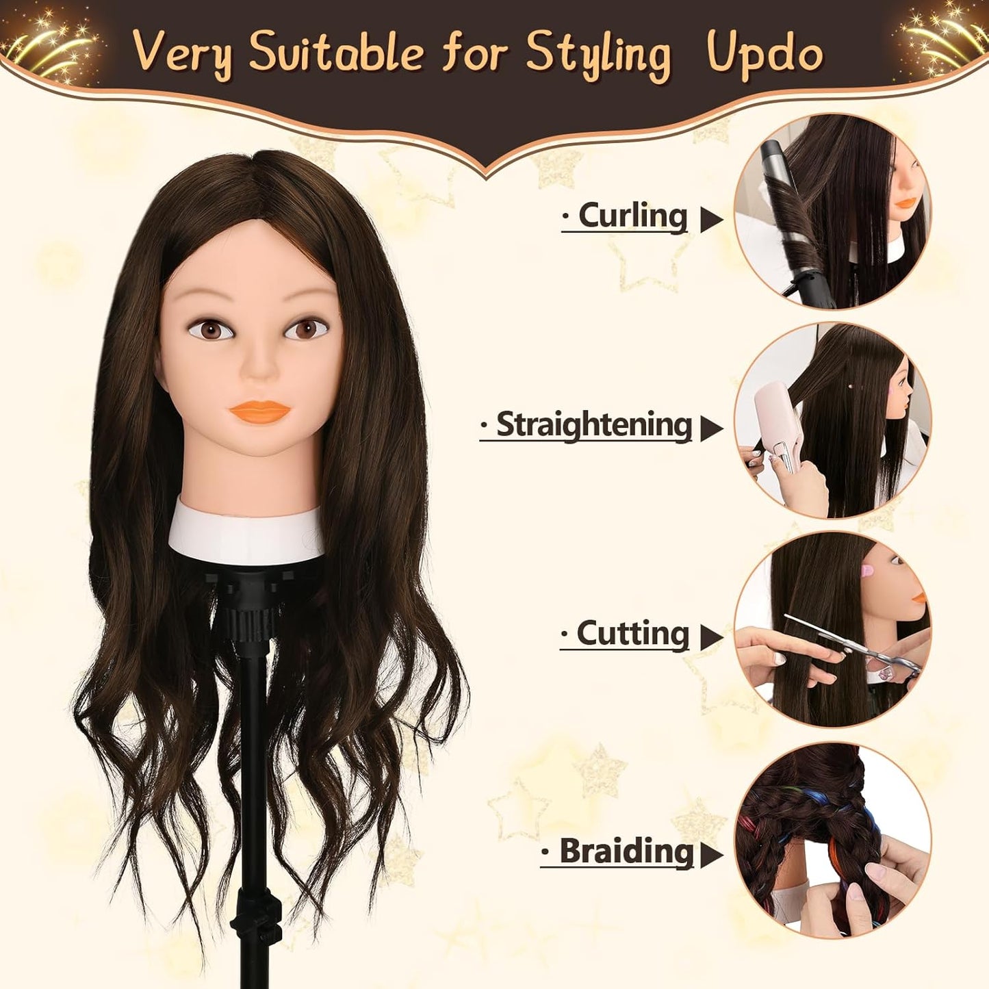 Yofuly 26" Dark Brown Mannequin Head - 70% Human Hair Training Head with Clamp & Styling Tools
