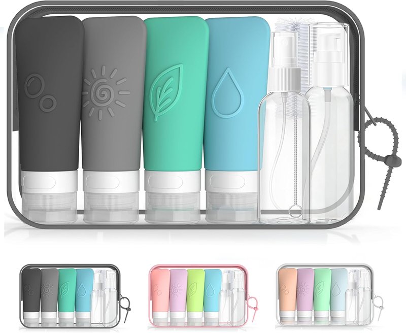 Silicone Travel Bottles Set - 16-Piece TSA Approved Leakproof Toiletry Kit | Easy-Squeeze Pump & Spray Bottles, Waterproof Bag