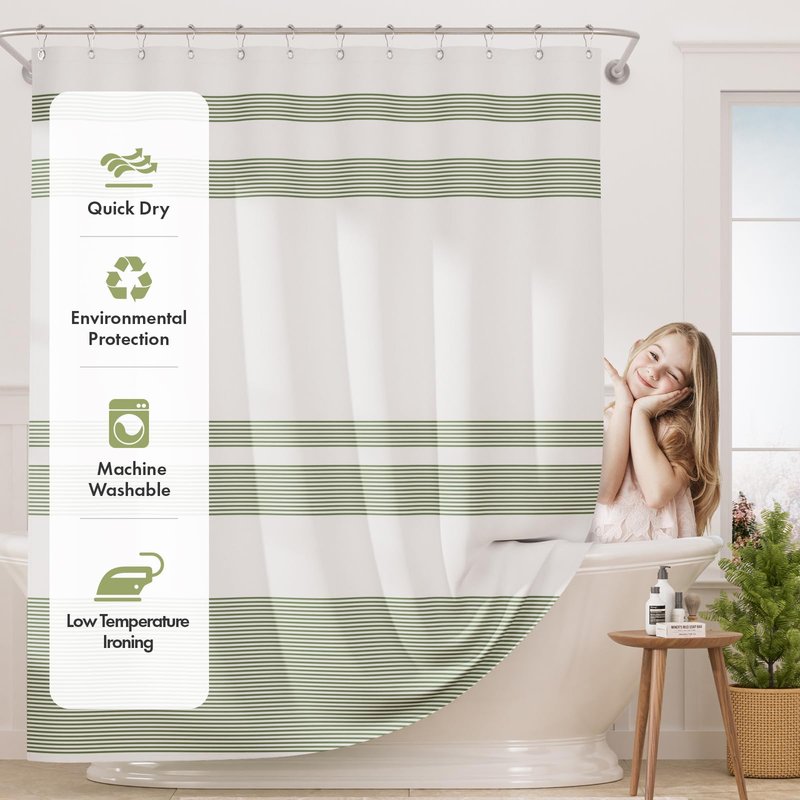 AmazerBath Shower Curtain, Washable Cloth Sage Green with 12 Shower Curtain Hooks, Fabric Green and White Striped Set, Farmhouse Bathroom Shower Curtain, 72x72 Inches