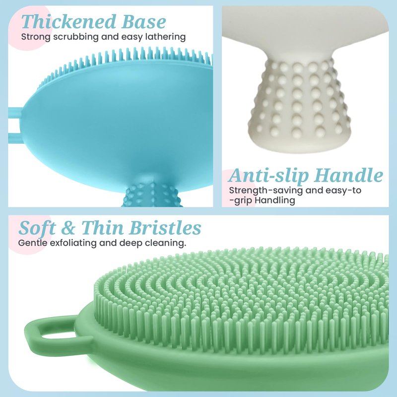 GEENOA Silicone Face & Back Scrubber Set, Manual Face & Body Scrubber Exfoliator with Soft Bristles and Non-Slip Handle, Back Brush Bath Brush with Detachable Brush Head(2PCS Green Set)