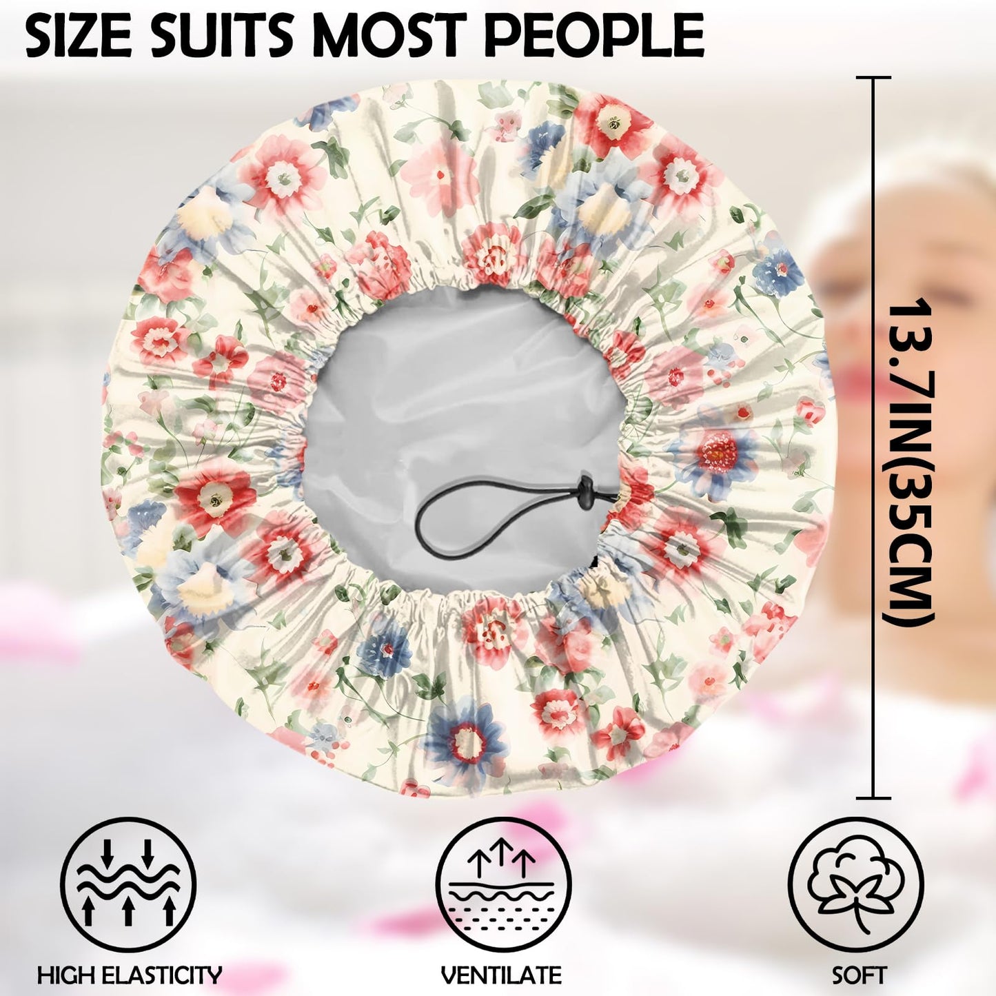 Zewurtuw 2 PCS Shower Cap Adjustable Reusable Double Waterproof Layer Elastic Hair Bath Cap Cute Aesthetic for Women Girls-Floral