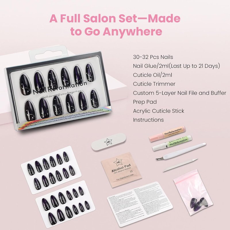 Press On Nails - Purple Mariposa Medium Almond Fake Nails | Glossy Finish with Cat Eye & Butterfly Wing - 30 Reusable Stick-On Nails in 15 Sizes
