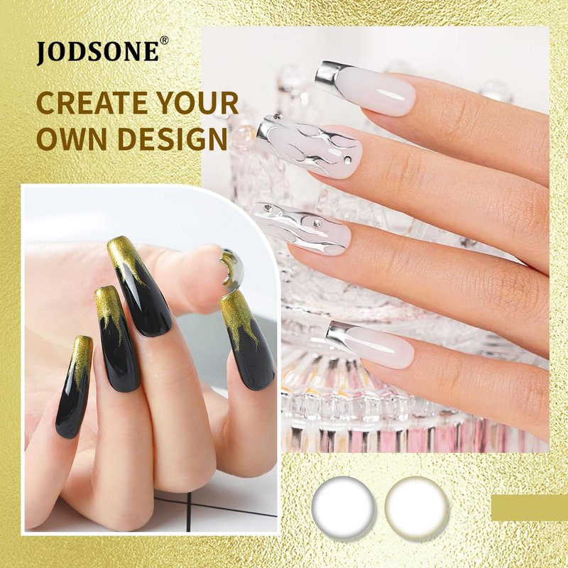 JODSONE 2pcs Metallic Nail Art Gel Liner Gold Mirror Chrome and Silvery 3D Effect Gel Nail Polish Thin Brush Metal Painted DIY at Home Salon Quality Gift for Women