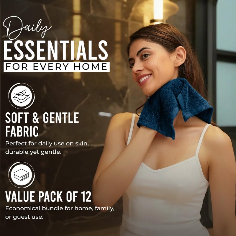 RIVERSIDE 12-Pack Premium 100% Cotton Blue Opal Face Towels for Bathroom [12x12] - Reusable Luxury Face Wash Cloths for Showering - 550 GSM Super Soft & Absorbent Washcloths for Body, Spa & Gym