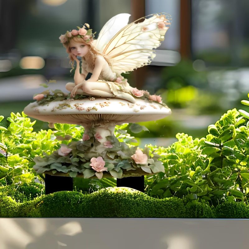 Fairy On The Mushroom Acrylic Garden Stake, Indoor and Outdoor Garden Acrylic Decoration, Suitable for Flower Pots and Landscape Beautification, Suitable for Courtyards and Lawn