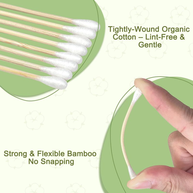 Bamboo Cotton Swabs - Biodegradable Organic Cotton Buds with Wooden Sticks | 200 Count for Makeup & Ear Cleaning