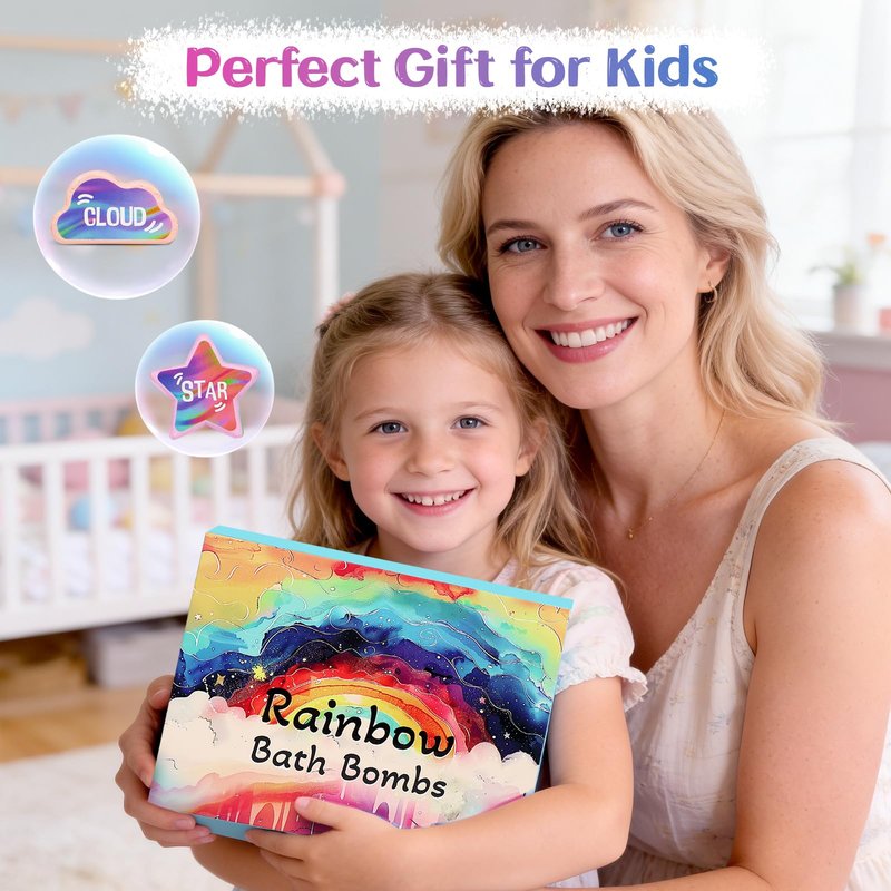 Rainbow Bath Bombs for Kids - 4 Pcs Handmade Natural Kid Bath Bombs, Birthday Gifts for Kids Girls, Organic Bubble Bath
