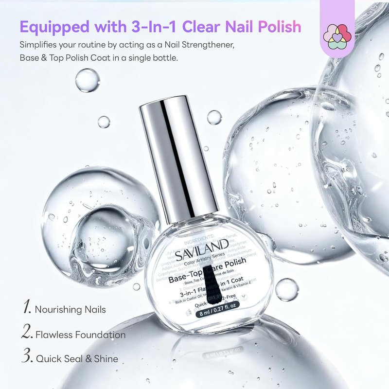 Aurora Nail Polish Kit - Quick-Dry 6+1 Colors Set with 3-in-1 Base, Top Coat & Cuticle Oil | Pearl Glitter Pink, Blue, Green, 12-Free