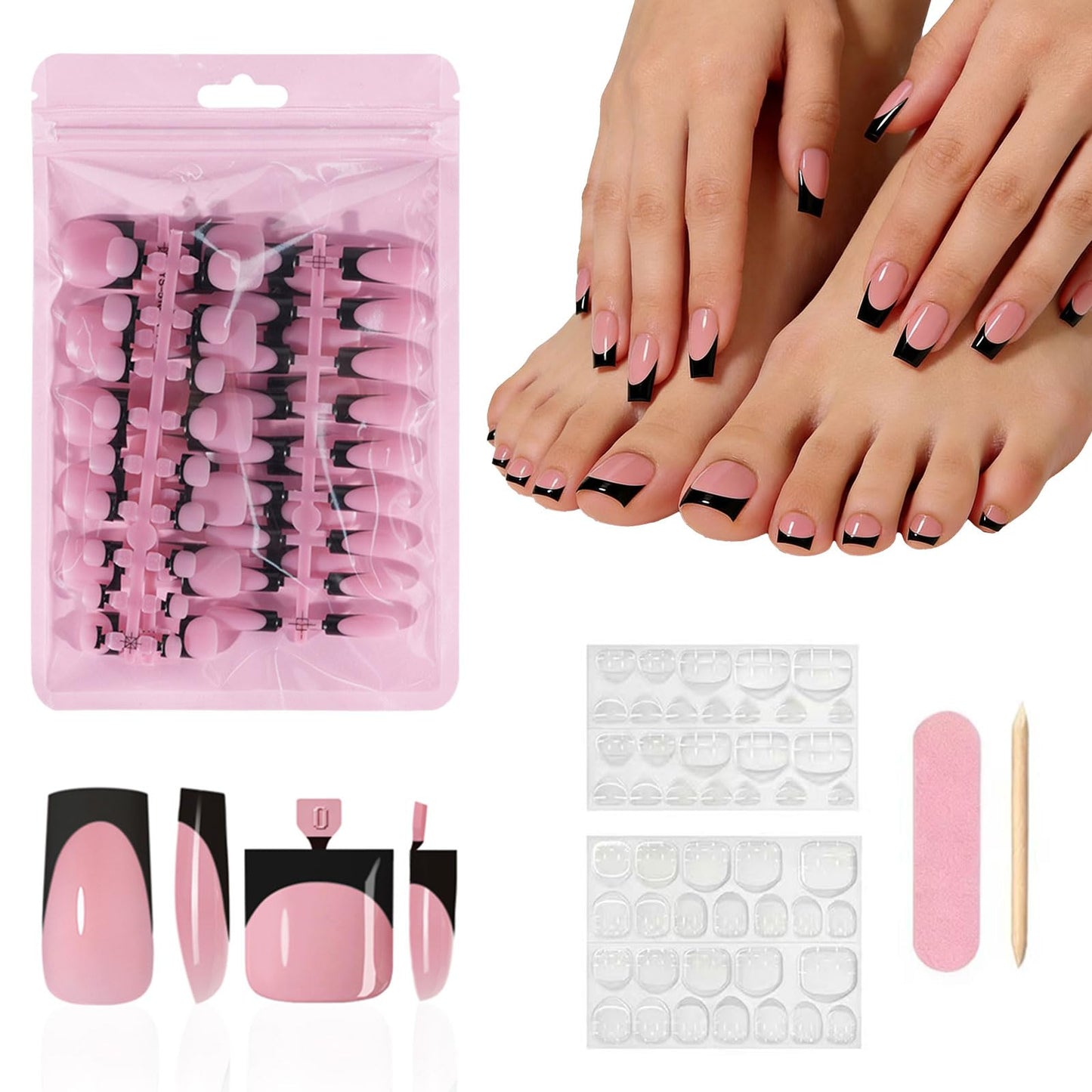 YeeLam 60Pcs 2-in-1 Press on Nails and Toenails – Glossy Black French Tip with Pink Base, 15 Sizes Square Soft Gel Fake Nails, Beginner Friendly Travel Set
