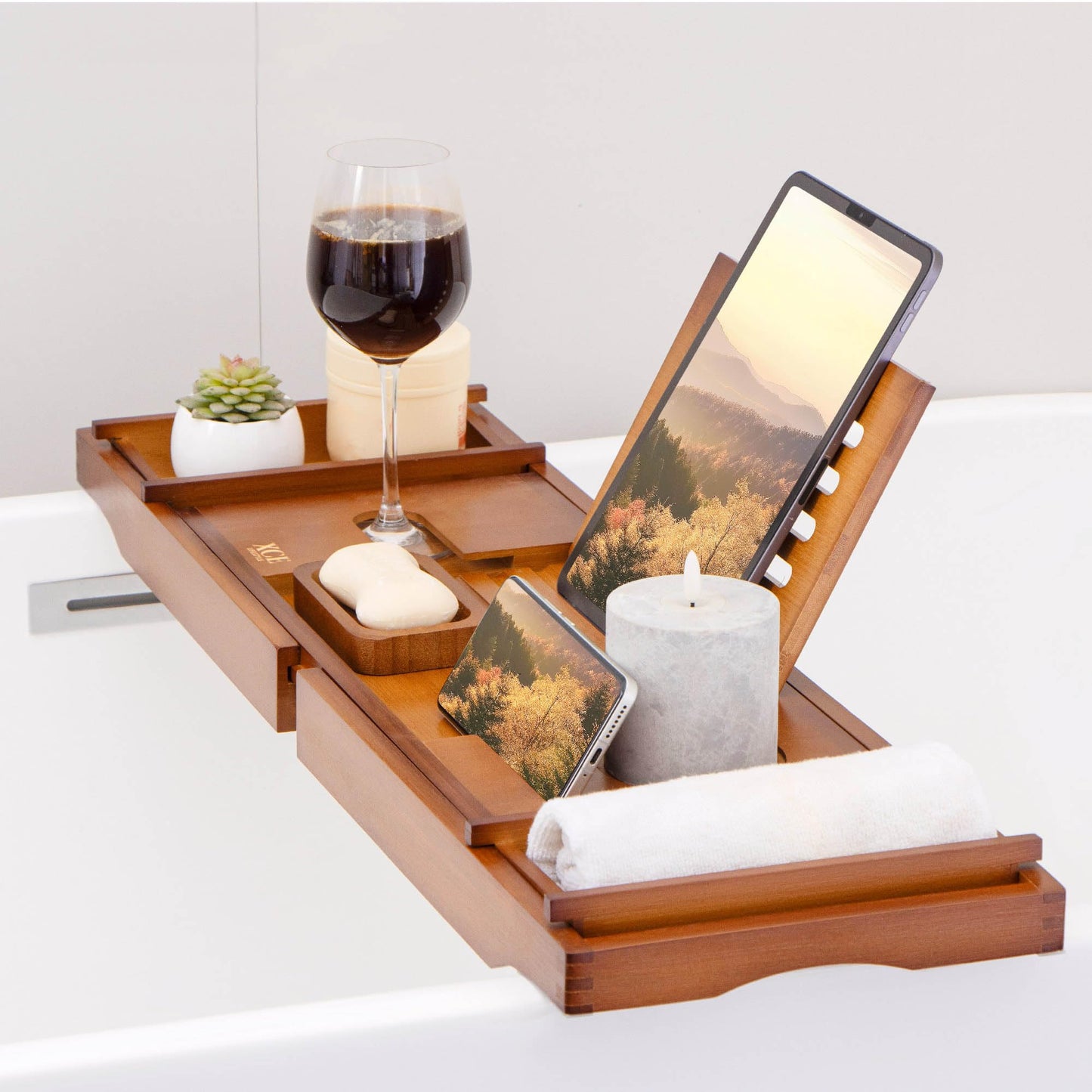 XcE Bamboo Bathtub Caddy Tray - Expandable to 41 Inches with Book Stand, Soap Holder & Anti-Slip Pads for Luxury Bath Spa, Brown