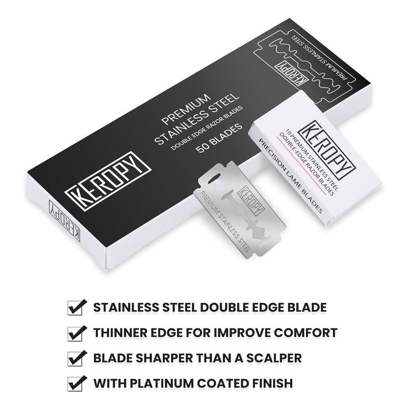 KEROPY Double Edge Safety Razor Blades - 50 Count Premium Surgical Stainless Steel, Chromium Coating, Zero Irritation