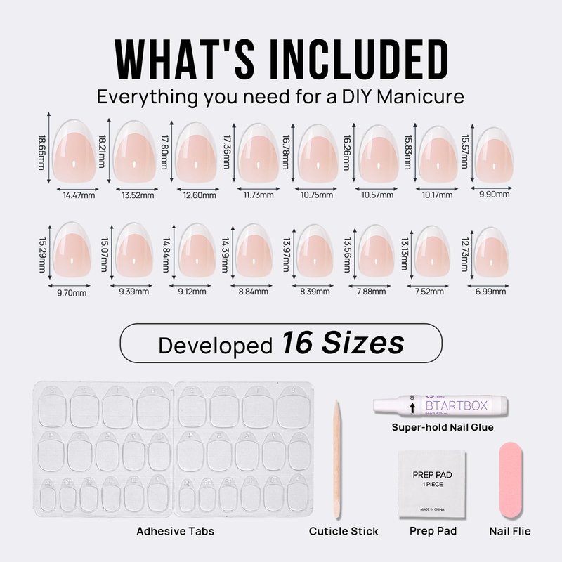 BTArtbox Press On Nails Short - Extra Short Almond French Tip Press On Nails Nude, Fake Nail with Nail Glue, Natural Reusable 32pcs Fake Nails Kit