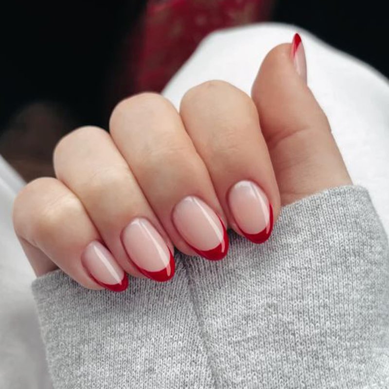 Modelones Red French Tip Press on Nails Short, Spring Oval Fake Nails, Reusable Nail Kit with Nail Glue Adhesive Tabs Mini Nail File, Nails Press Ons 32Pcs 16Sizes, Women Girl Gift
