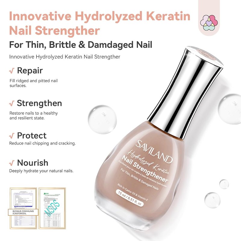 SAVILAND Nail Strengthener Nude 1Pcs 15ml & 6pcs Ombre Nail Polish Sets: Charm Pink Blue Gold Purple Ombre Summer Fingernail Polish