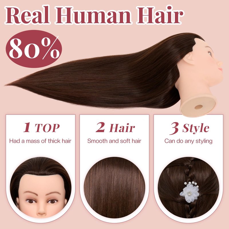 Neverland Beauty & Health 28Inch 60% Real Hair Mannequin Head,Doll Head for Hair Styling Braiding Curling,Cosmetology Mannequin Head with Hair with Table Clamp Hair Styling Set(Dark Brown)