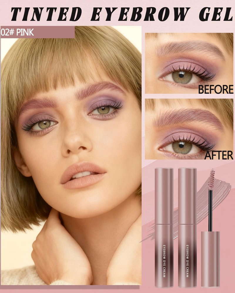 Pink Tinted Eyebrow Gel,2 Pcs Long Lasting Waterproof Eye Brow Tinting Kit,Smudgeproof Transfer-Proof Eyebrow Tint Glue,Ultra-Fine Brush Brow Filler Stain,Women's Mother's Day Makeup Gift for Women-02