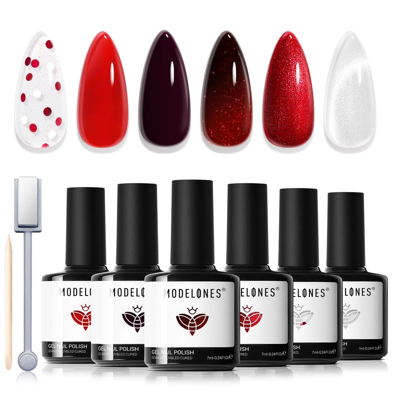 modelones Red Gel Nail Polish Set, 6 Colors 2026 Burgundy Bloody Wine Dark Red Jelly Pearl Glitter Gel Polish Silver Cat Eye Nail Polish with Liner Pen& Magnet& Wooden Stick LED Gift