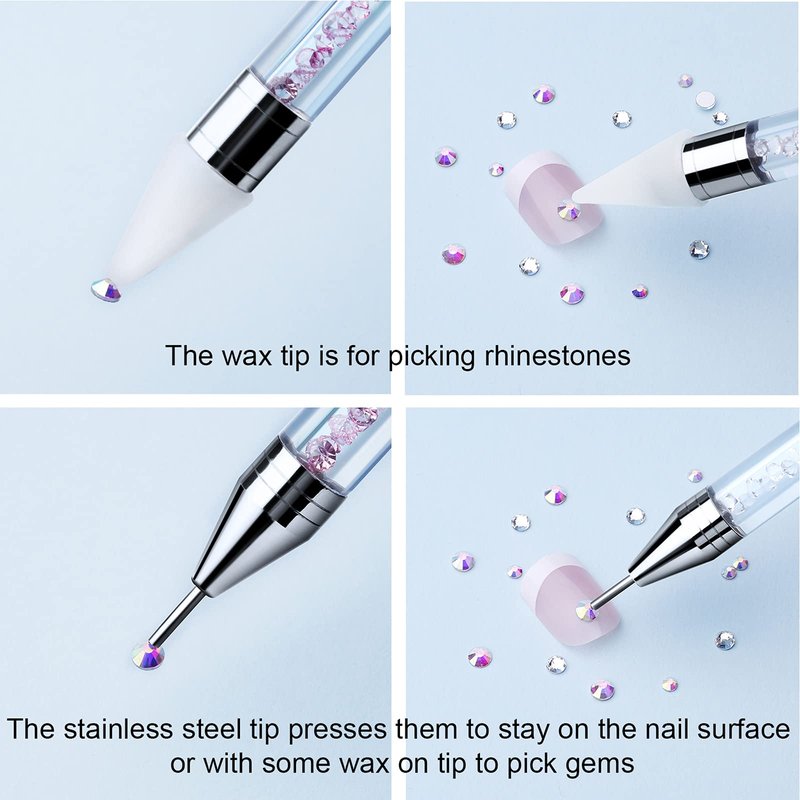 2 Pieces Rhinestone Picker Dotting Pen, Dual-ended Rhinestone Gems Crystals Studs Picker Wax Pencil Pen Crystal Beads Handle Manicure Nail Art DIY Decoration Tool (Light Blue Pink)