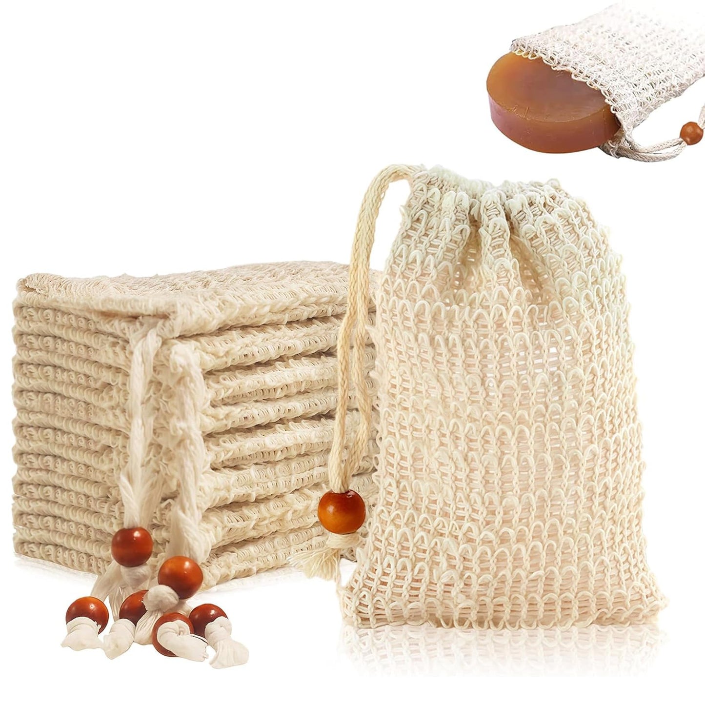 Natural Mesh Soap Bag, 10 Pack Soap Saver Bags, Bar Soap Pouch with Durable Mesh, Matador Soap Bag for Travel and Home Use, Hangable Soap Saver for Shower, 9.5 x 14.5 cm