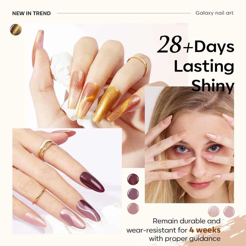 modelones Gel Nail Polish Set, 6 Colors Winter Nude Brown Gel Polish Glitter Burgundy Shiny Champagne Gold Magnetic Cat Eye Effect Sparkle Stunning Home Nail Art Kit Gift for Girl Women
