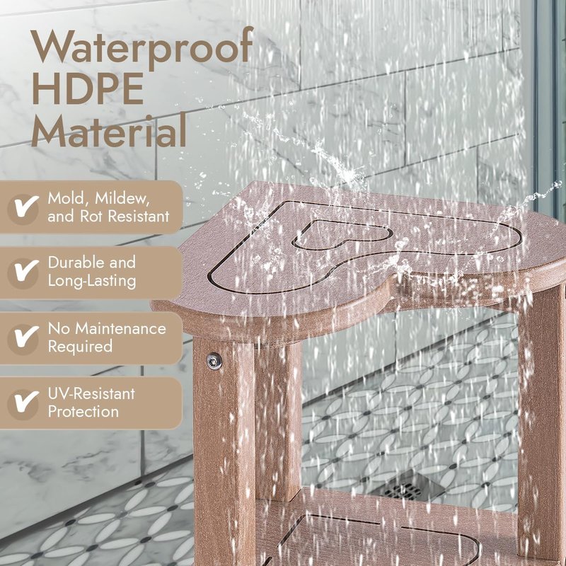 Corner Shower Stool for Inside Shower - Waterproof Corner Shower Bench, HDPE Plastic Bathroom Bench, Adjustable Height Corner Chair for Shaving Legs,Storage Shelf,Non-Slip Feet，Brown