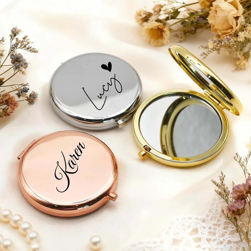 Personalized Compact Travel Mirror with Name and Heart, 2x/1x Magnifying Portable Mirror, Small Cosmetic Makeup Mirror Gift for Bridesmaid, Maid of Honor, Mom