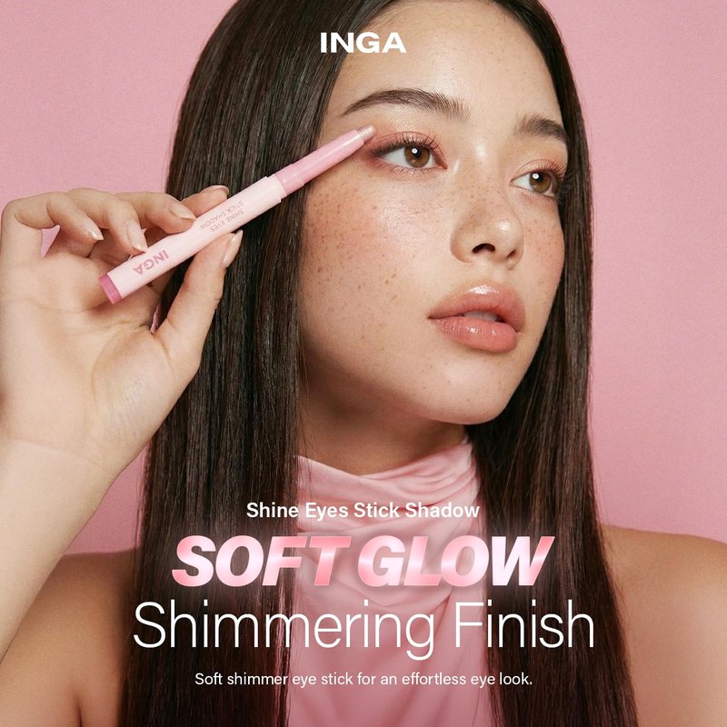 INGA Shine Eyes Stick Shadow - Creamy Shimmer Eyeshadow, Smudge-Proof, Easy-to-Blend, Long-Lasting Eye Makeup Stick with Precise Tip for Easy Application (Dew Peach)