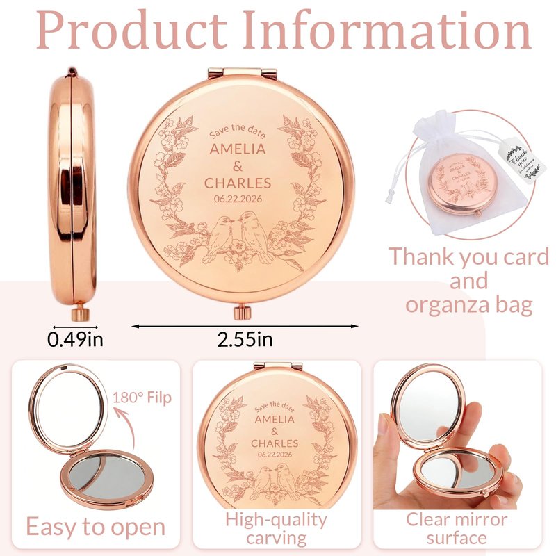 HJX Personalized Compact Mirror Bulk, Custom Pocket Mirror for Women, Small Cute Purse Mirror for Wedding Favors, Bridesmaids, Graduation, Galentine & Sisterhood Gifts (1)